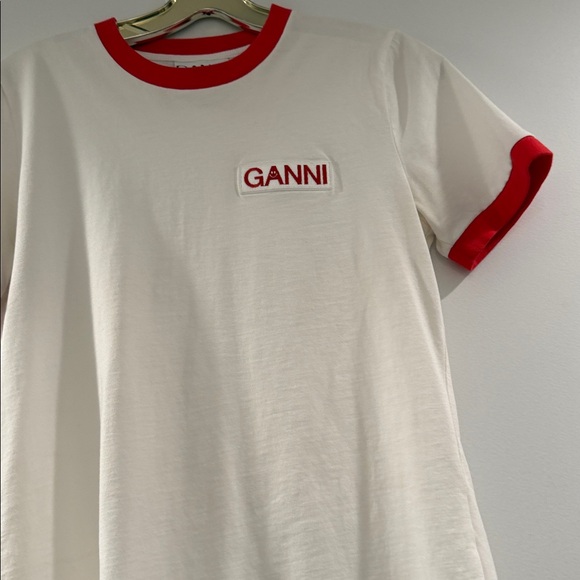 Ganni White Tee with Red Ringer Trim and Logo Ganni Patch, Sz Xsm - Picture 4 of 10